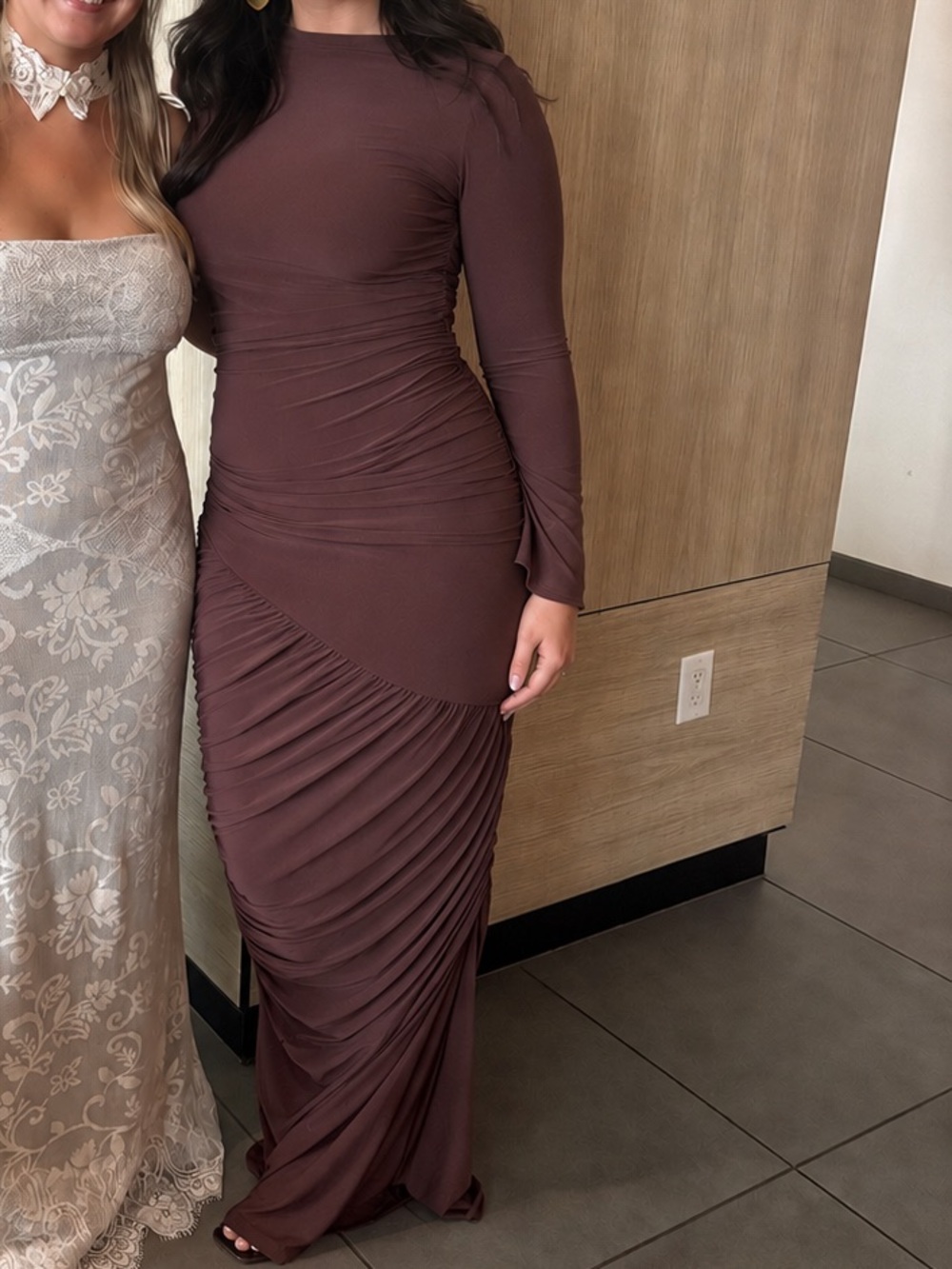 ASOS Chocolate Brown Long-Sleeve Ruched Maxi Dress